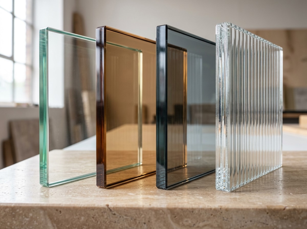 Образцы стекла Profile Glass: прозрачное, бронзовое, серое и рифлёное